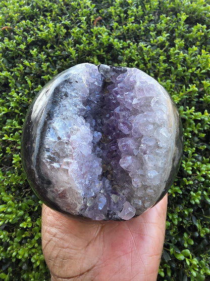 Natural Amethyst Geode Sphere | Polished Exterior Druzy Crystal Ball, Statement Decor