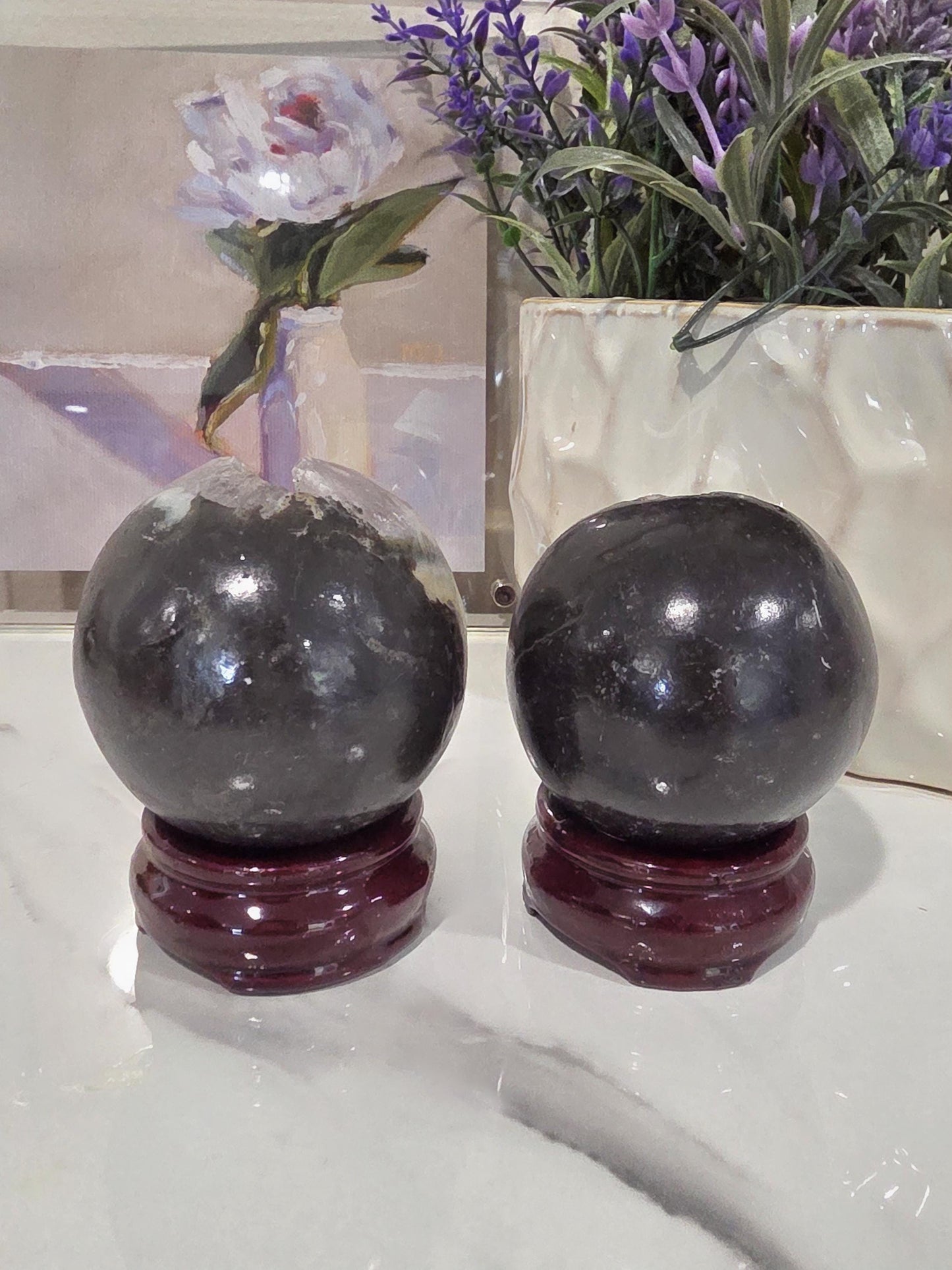 Amethyst Geode Sphere Pair w/ Stands | Druzy Crystal Set