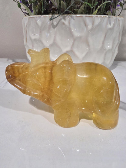Golden Fluorite Elephant Carving | Hand Carved Crystal Elephant |