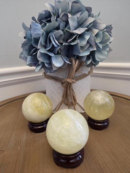 Yellow Calcite Crystal Sphere | Honey Stone Orb with Stand, Polished Décor Ball