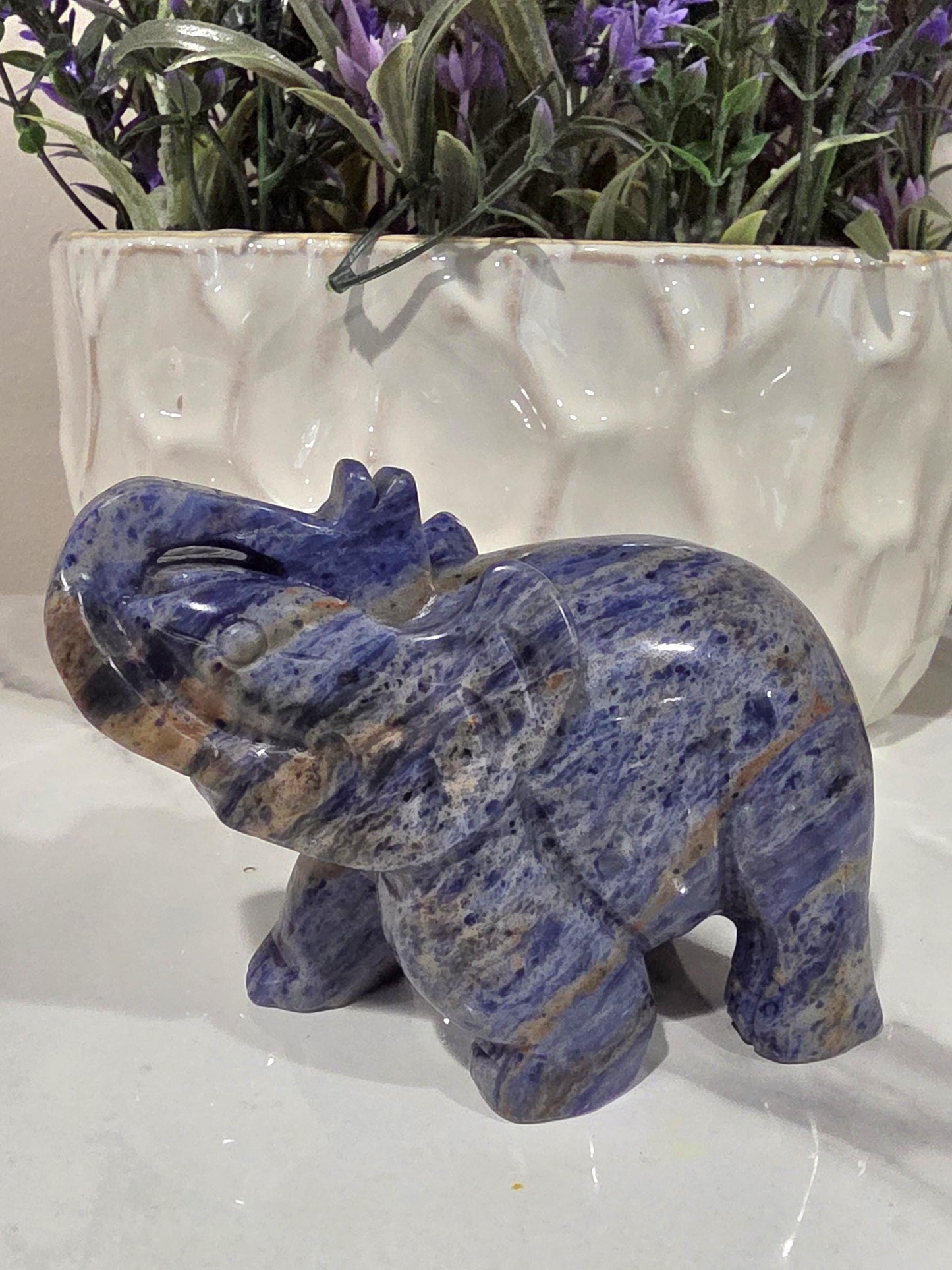 Blue Sodalite Elephant Carving | Hand Carved Crystal Statue, Wisdom Stone Decor