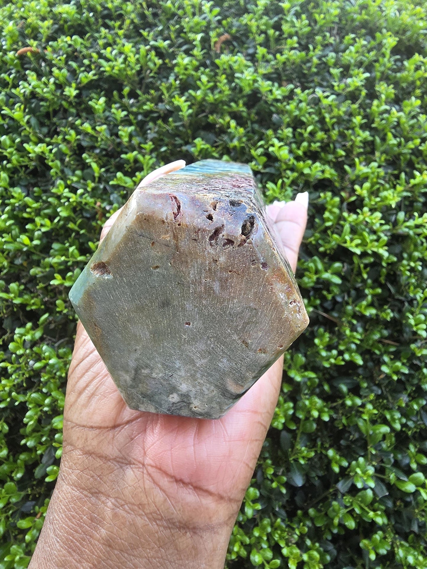 Ocean Jasper Tower, Polished Green Orbicular Crystal Point, Healing Stone Decor