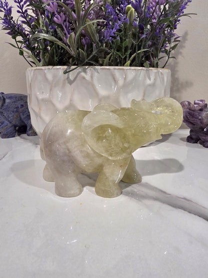 Hand Carved Yellow Calcite Elephant Figurine, Polished Crystal Animal Decor
