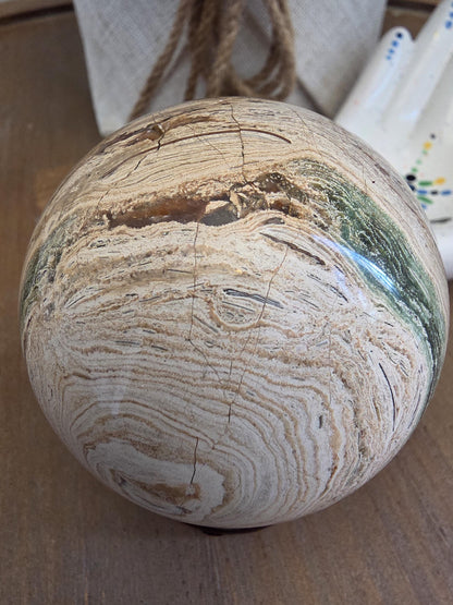 Ocean Jasper Sphere | Polished Green Banding Crystal Decor, Grounding Stone (2 Inch)