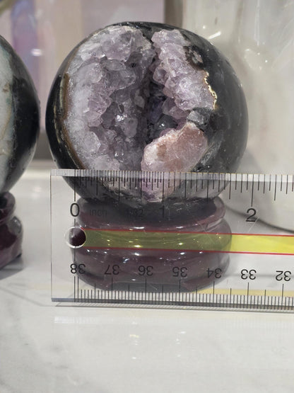 Amethyst Geode Sphere Pair w/ Stands | Druzy Crystal Set