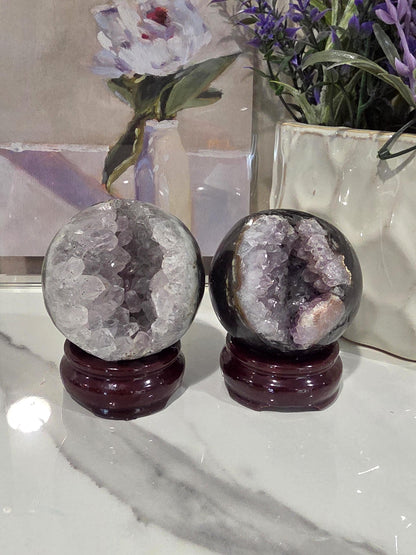 Amethyst Geode Sphere Pair w/ Stands | Druzy Crystal Set