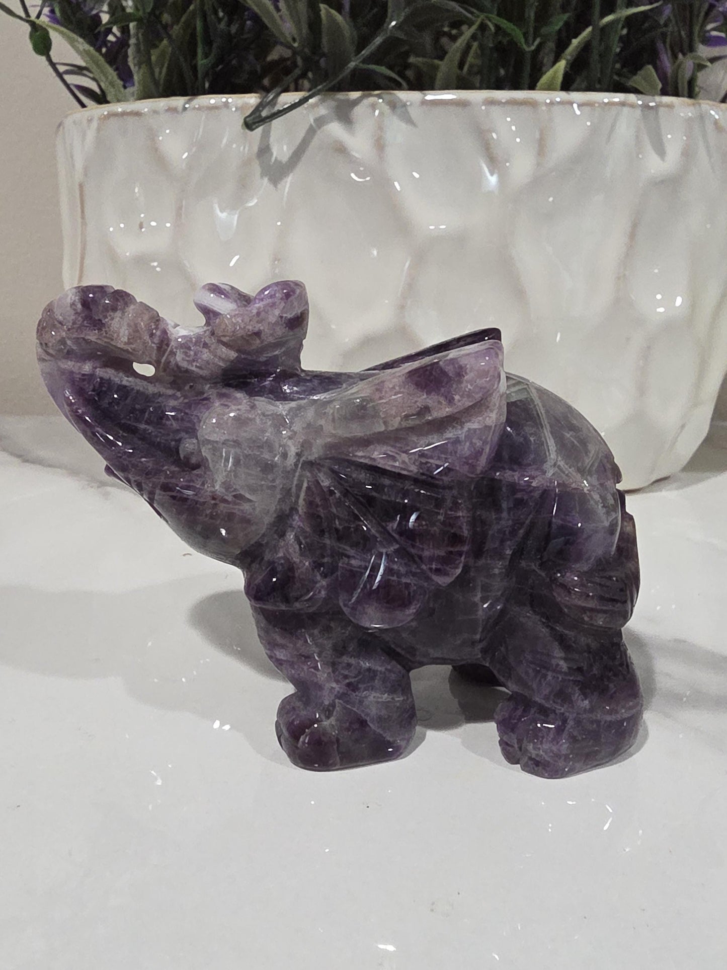 Hand Carved Amethyst Elephant Figurine, Polished Crystal Stone, Spiritual Good Luck Decor