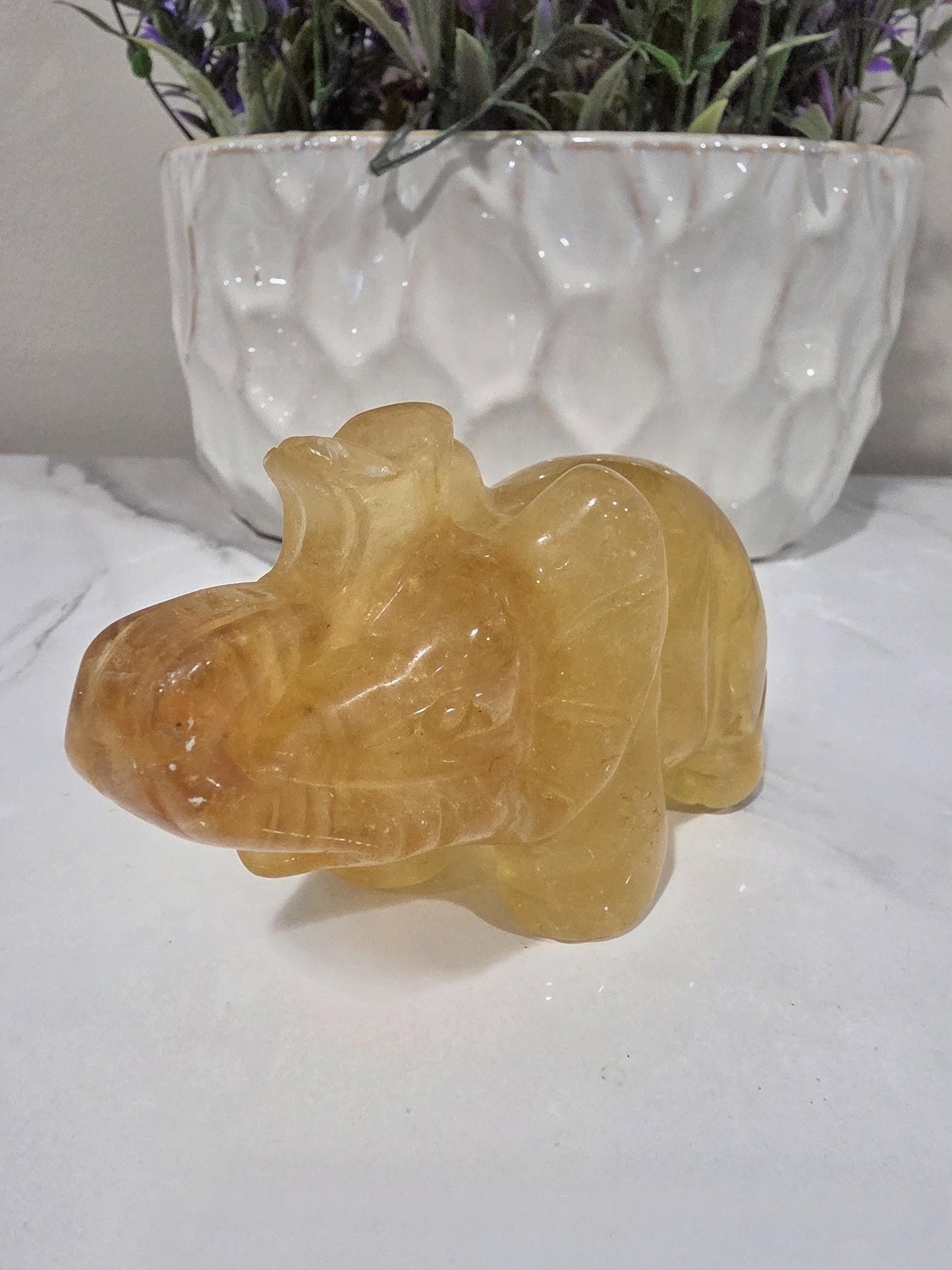 Golden Fluorite Elephant Carving | Hand Carved Crystal Elephant |