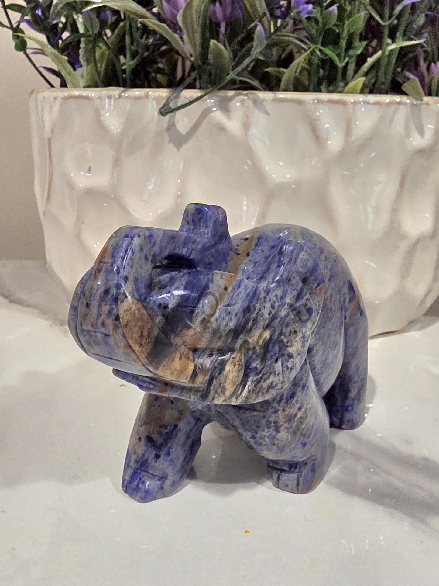 Blue Sodalite Elephant Carving | Hand Carved Crystal Statue, Wisdom Stone Decor