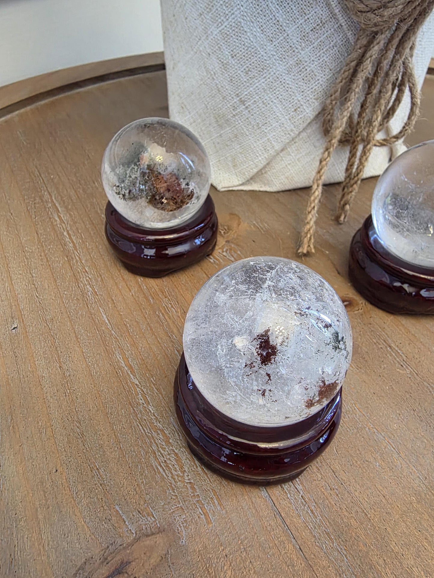 Clear Quartz Crystal Sphere Set | Polished Healing Orbs, Natural Inclusions (Wooden Stands)