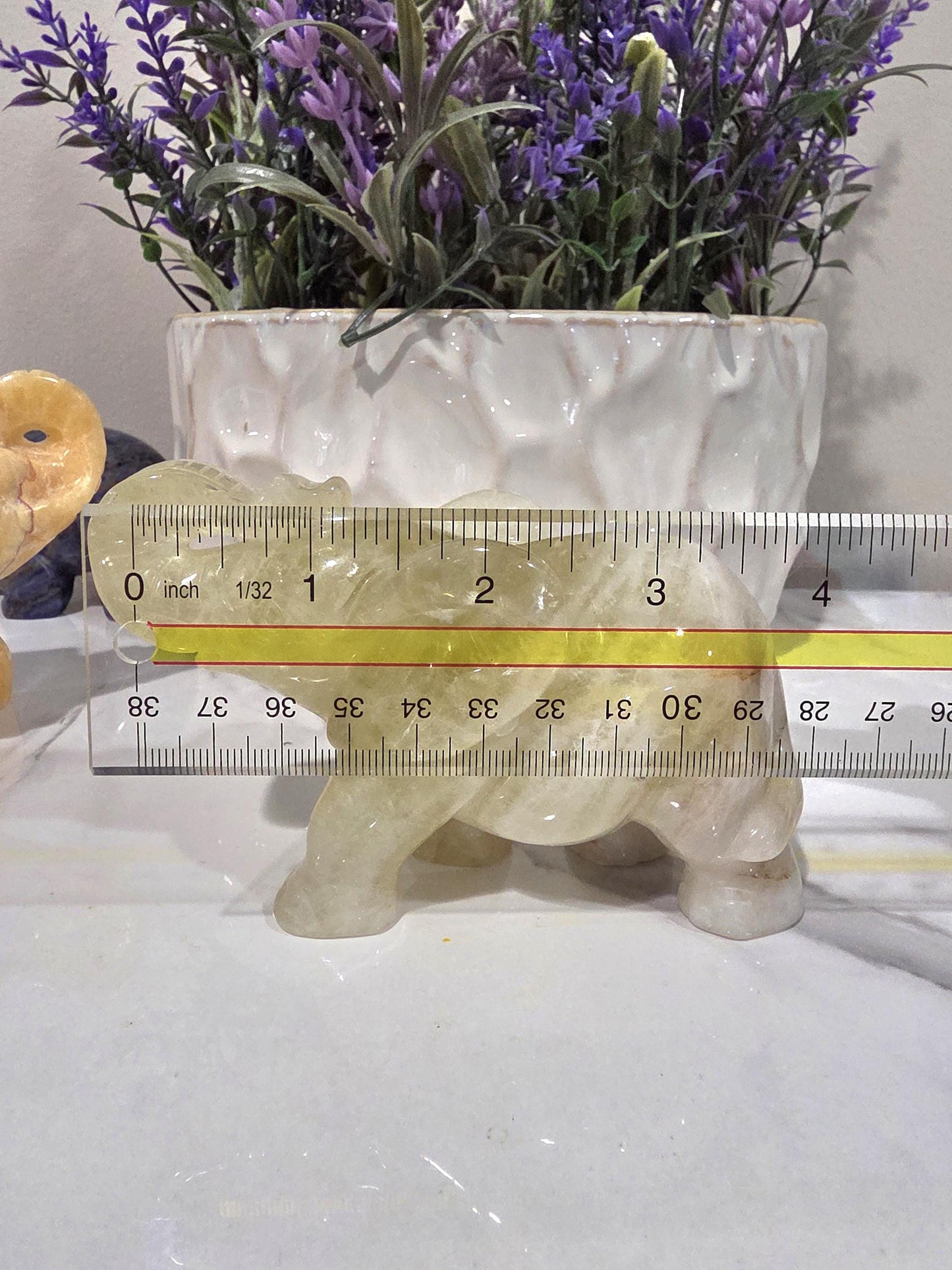 Hand Carved Yellow Calcite Elephant Figurine, Polished Crystal Animal Decor