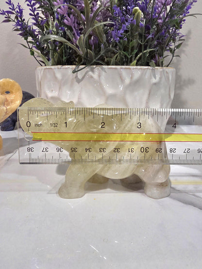 Hand Carved Yellow Calcite Elephant Figurine, Polished Crystal Animal Decor