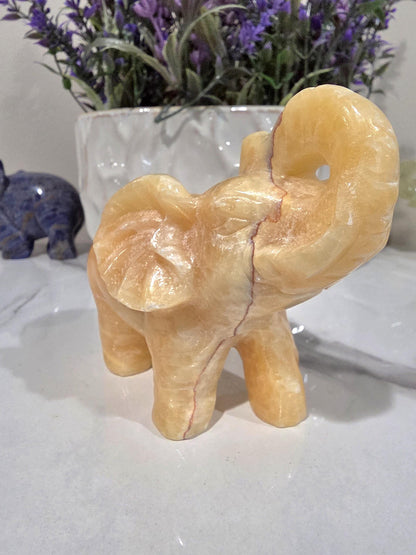 Hand Carved Orange Calcite Elephant | Natural Crystal Decor, Good Luck Stone