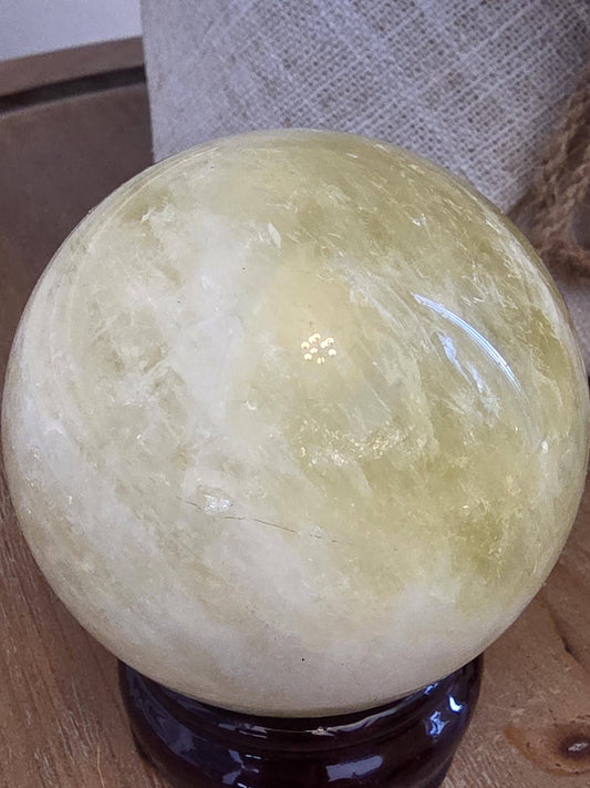 Yellow Calcite Crystal Sphere | Honey Stone Orb with Stand, Polished Décor Ball