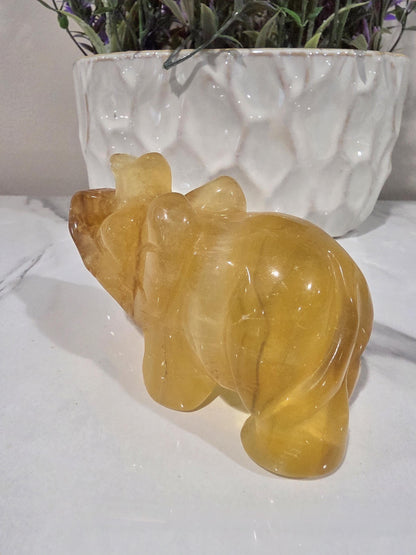 Golden Fluorite Elephant Carving | Hand Carved Crystal Elephant |