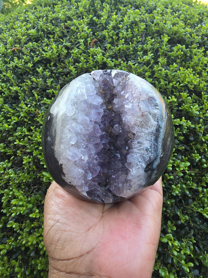 Natural Amethyst Geode Sphere | Polished Exterior Druzy Crystal Ball, Statement Decor