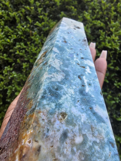 Ocean Jasper Tower, Polished Green Orbicular Crystal Point, Healing Stone Decor