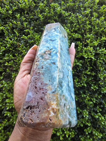 Ocean Jasper Tower, Polished Green Orbicular Crystal Point, Healing Stone Decor