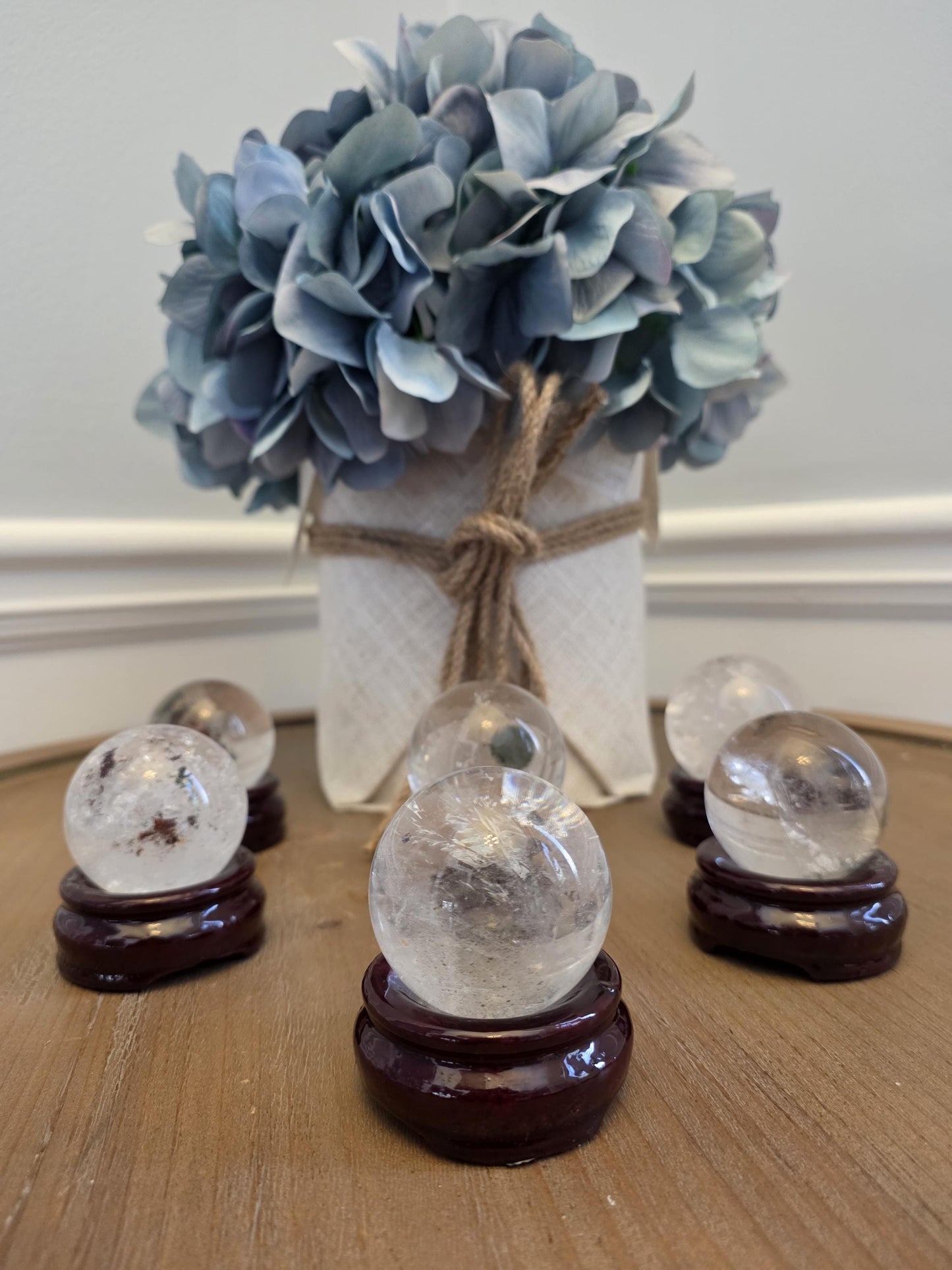 Clear Quartz Crystal Sphere Set | Polished Healing Orbs, Natural Inclusions (Wooden Stands)