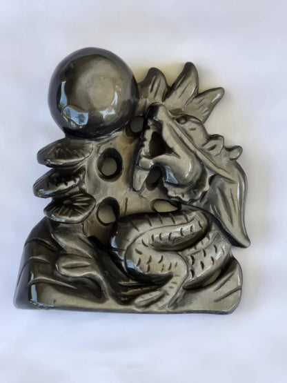 Gold Sheen Obsidian Dragon Carving with Sphere | Hand Carved Fantasy Decor, Protective Stone