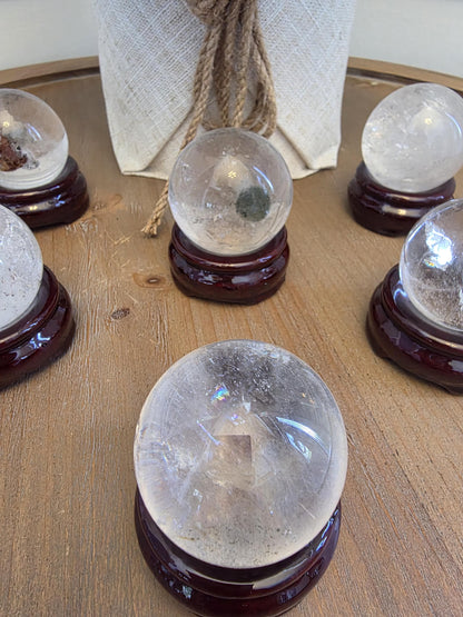 Clear Quartz Crystal Sphere Set | Polished Healing Orbs, Natural Inclusions (Wooden Stands)
