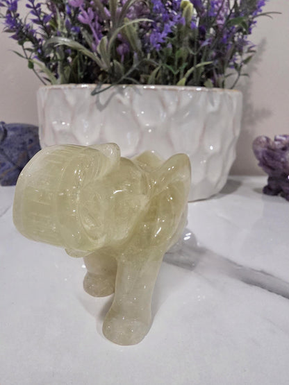 Hand Carved Yellow Calcite Elephant Figurine, Polished Crystal Animal Decor