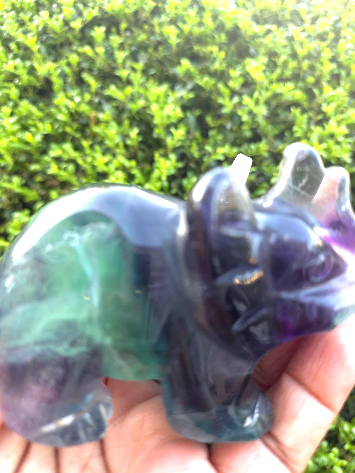 Rainbow Fluorite Elephant Carving | Purple Green Crystal Stone, Wisdom Decor