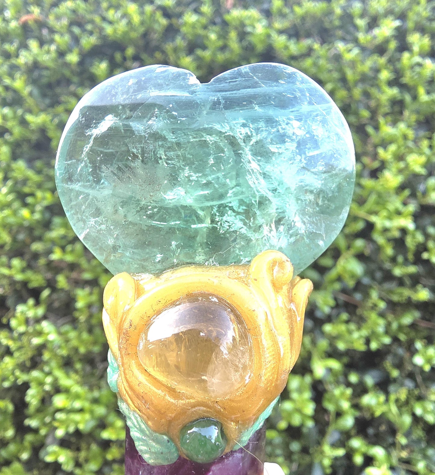 Polished Fluorite Crystal Wand – Decorative Top, Amethyst Point, Spiritual Tool
