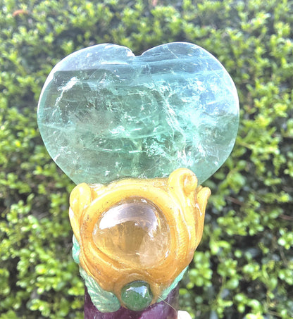 Polished Fluorite Crystal Wand – Decorative Top, Amethyst Point, Spiritual Tool