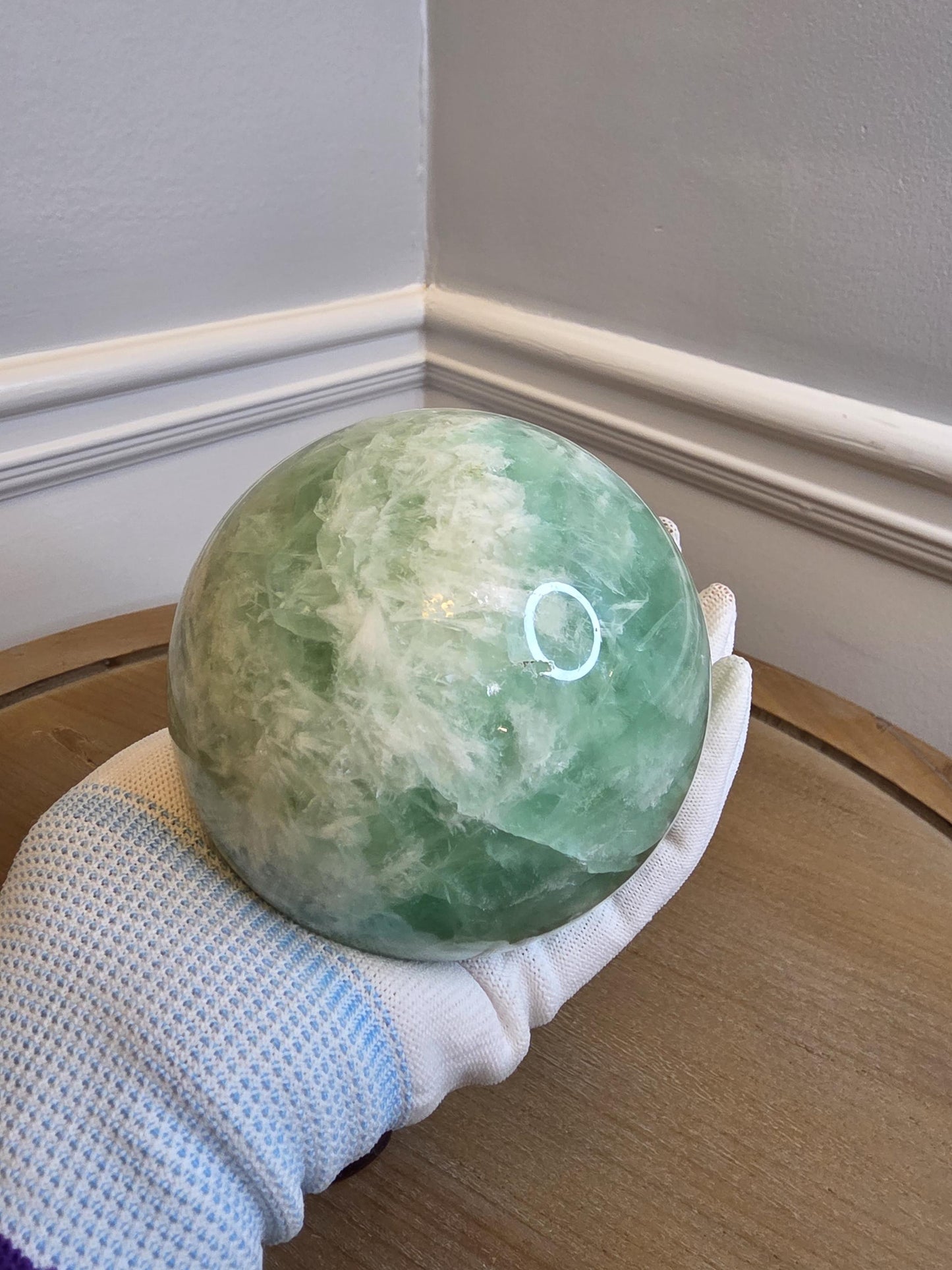 Large Polished Green Fluorite Sphere – Cloud-like Inclusions, Calming Energy, Statement Decor
