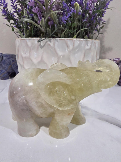 Hand Carved Yellow Calcite Elephant Figurine, Polished Crystal Animal Decor
