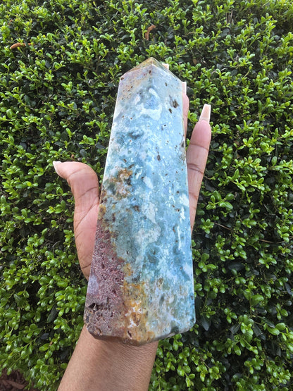 Ocean Jasper Tower, Polished Green Orbicular Crystal Point, Healing Stone Decor