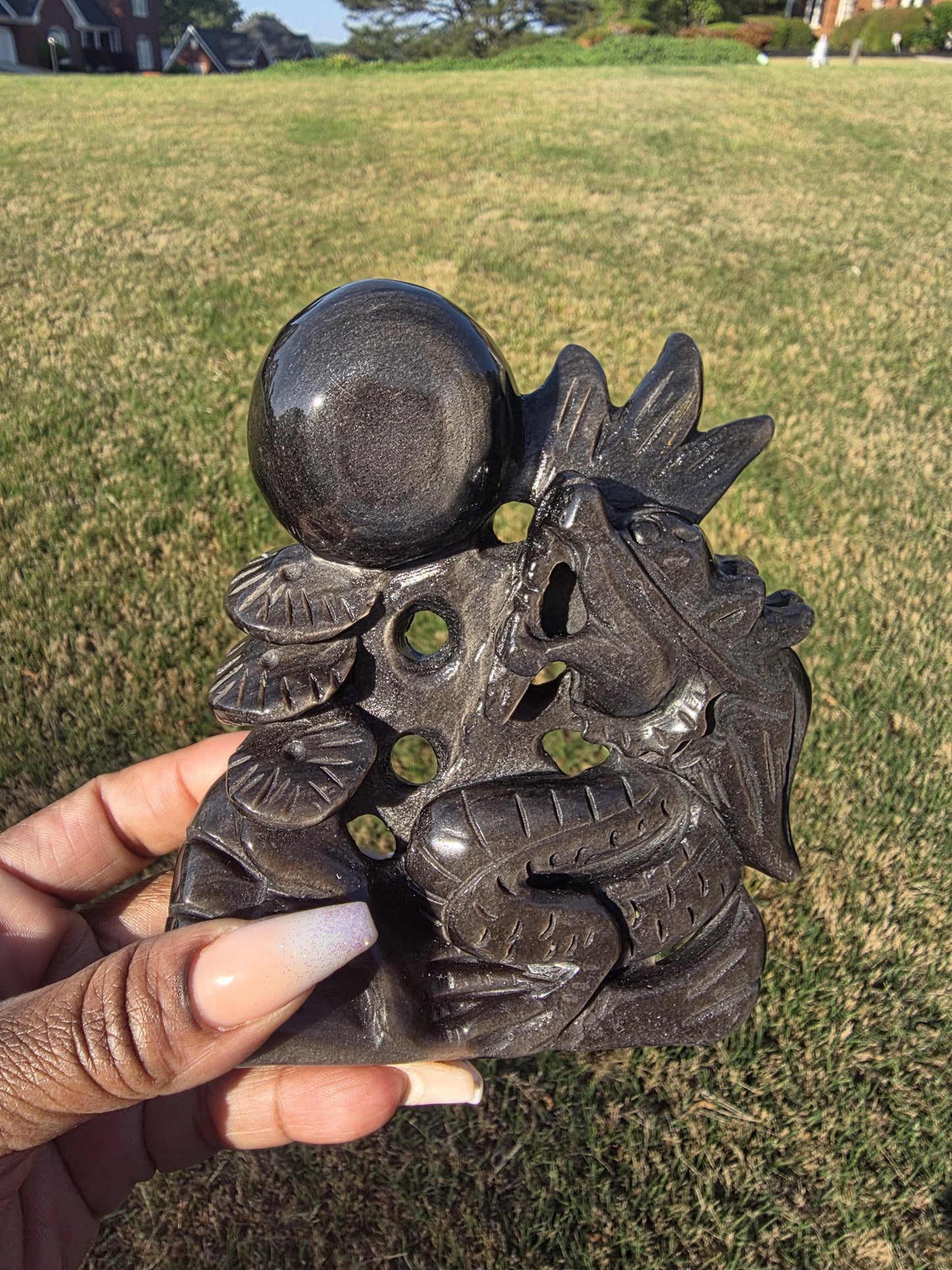 Gold Sheen Obsidian Dragon Carving with Sphere | Hand Carved Fantasy Decor, Protective Stone
