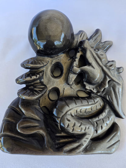 Gold Sheen Obsidian Dragon Carving with Sphere | Hand Carved Fantasy Decor, Protective Stone