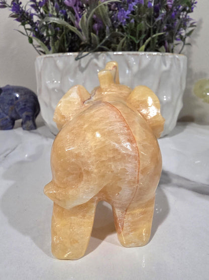 Hand Carved Orange Calcite Elephant | Natural Crystal Decor, Good Luck Stone