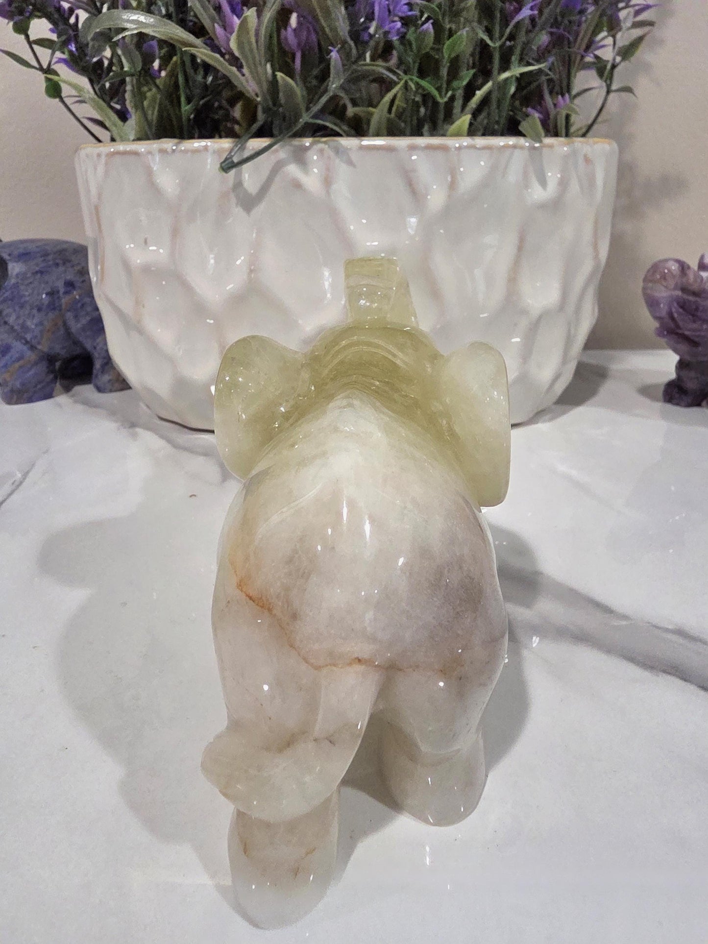 Hand Carved Yellow Calcite Elephant Figurine, Polished Crystal Animal Decor