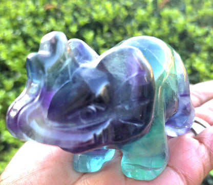 Rainbow Fluorite Elephant Carving | Purple Green Crystal Stone, Wisdom Decor