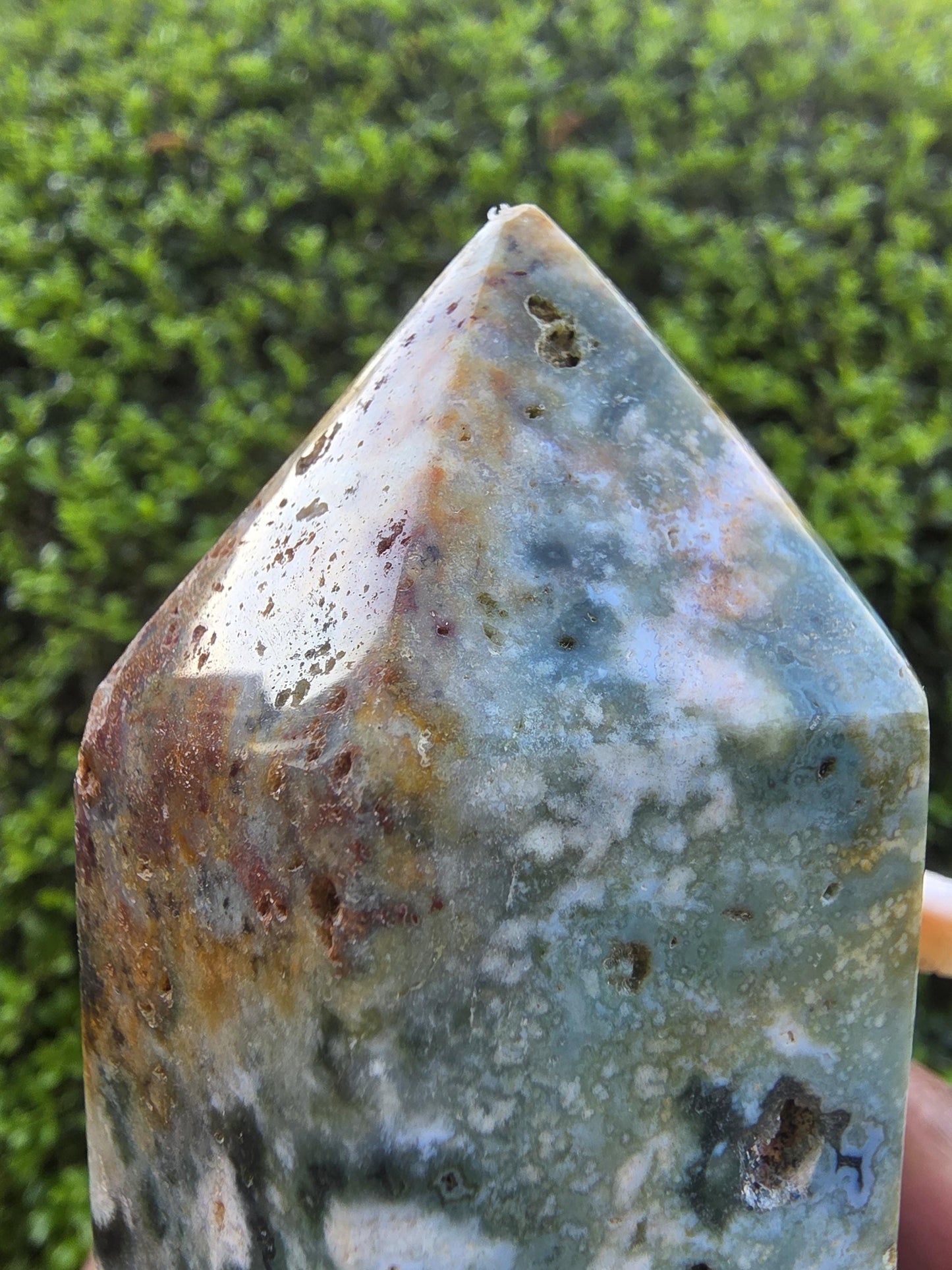 Ocean Jasper Tower, Polished Green Orbicular Crystal Point, Healing Stone Decor