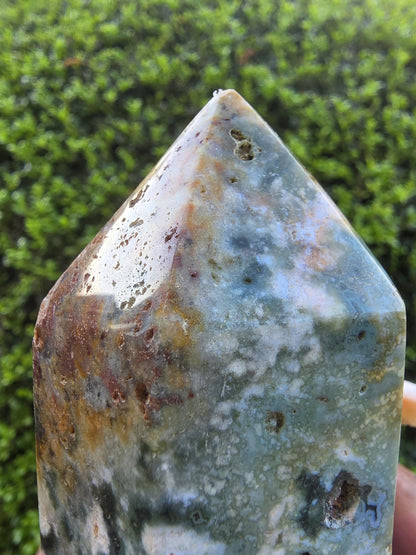 Ocean Jasper Tower, Polished Green Orbicular Crystal Point, Healing Stone Decor