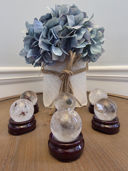Clear Quartz Crystal Sphere Set | Polished Healing Orbs, Natural Inclusions (Wooden Stands)