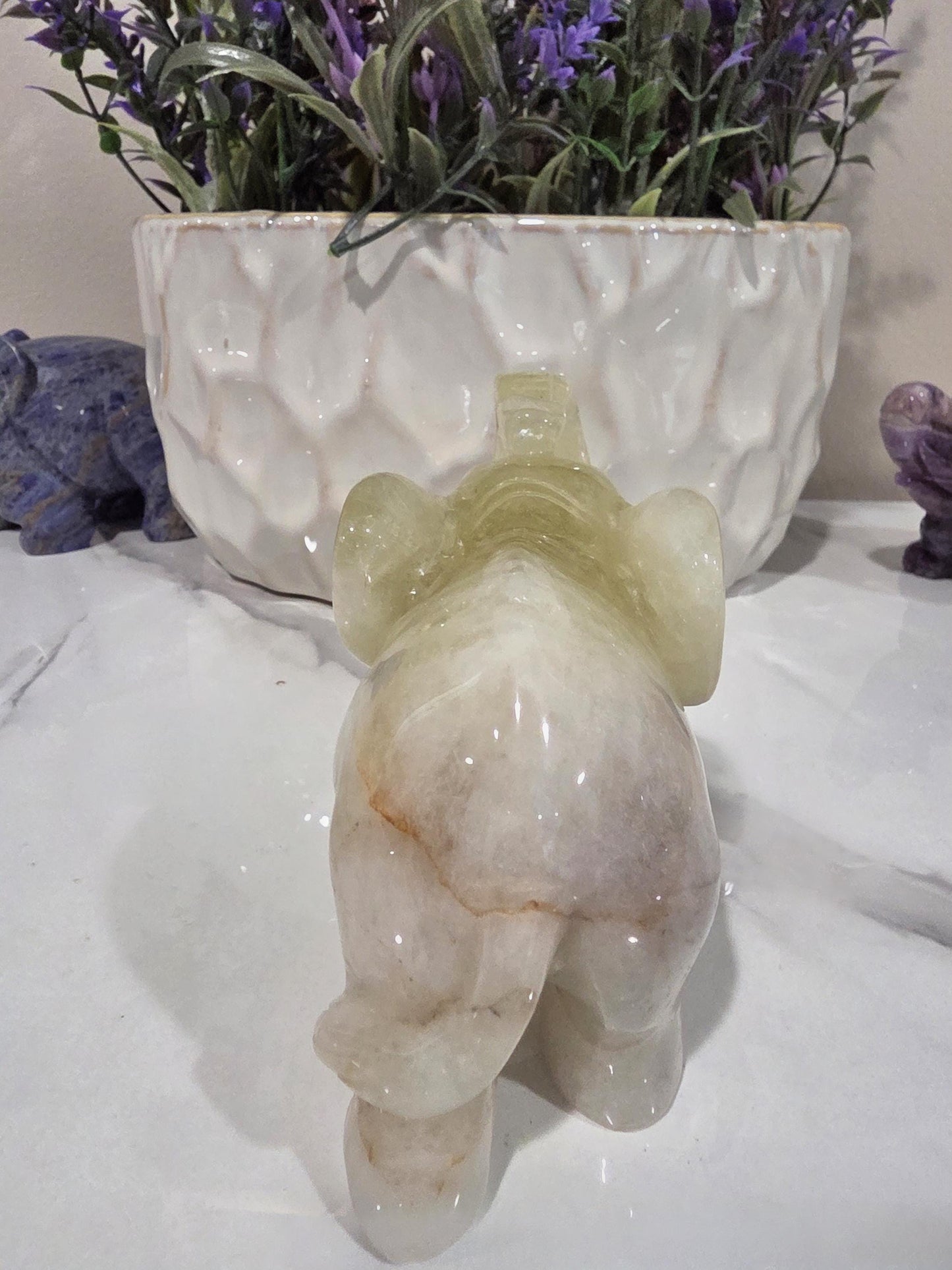 Hand Carved Yellow Calcite Elephant Figurine, Polished Crystal Animal Decor
