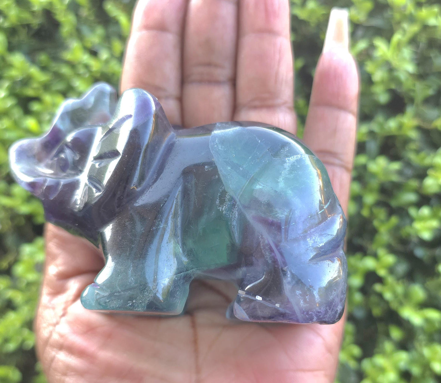 Rainbow Fluorite Elephant Carving | Purple Green Crystal Stone, Wisdom Decor