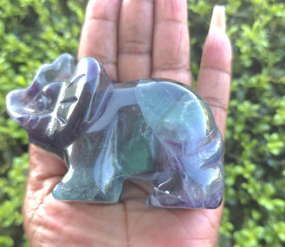 Rainbow Fluorite Elephant Carving | Purple Green Crystal Stone, Wisdom Decor