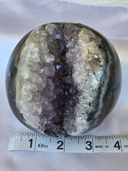 Natural Amethyst Geode Sphere | Polished Exterior Druzy Crystal Ball, Statement Decor