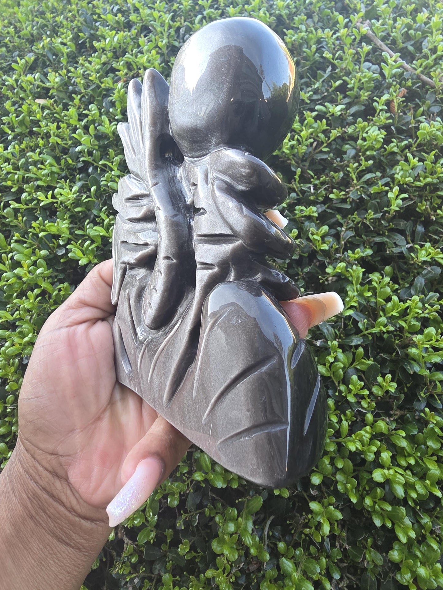 Gold Sheen Obsidian Dragon Carving with Sphere | Hand Carved Fantasy Decor, Protective Stone