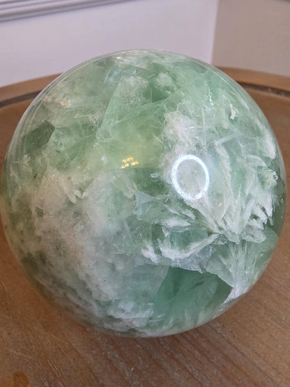 Large Polished Green Fluorite Sphere – Cloud-like Inclusions, Calming Energy, Statement Decor