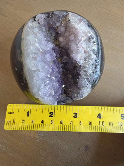 Natural Amethyst Geode Sphere | Polished Exterior Druzy Crystal Ball, Statement Decor