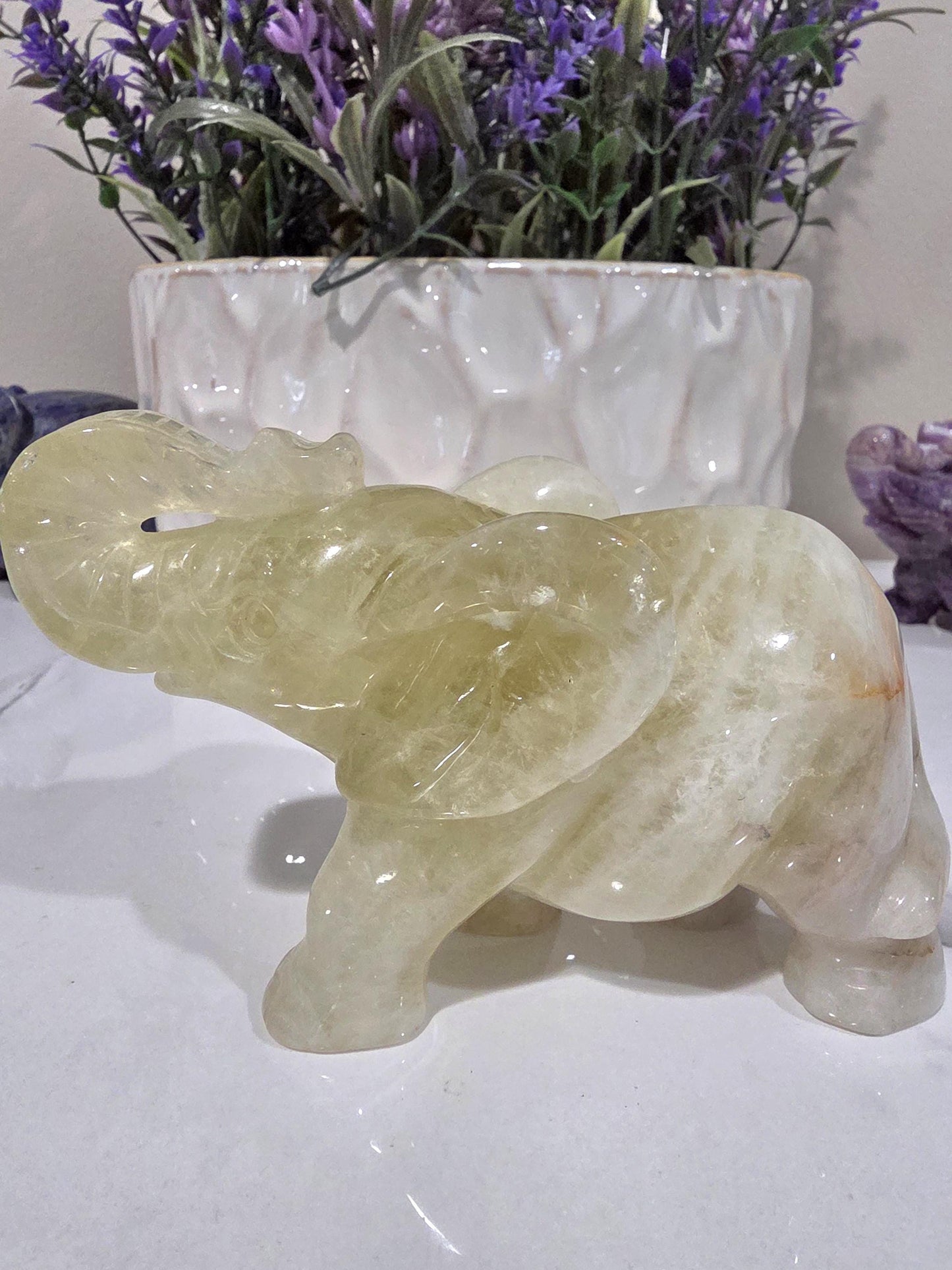 Hand Carved Yellow Calcite Elephant Figurine, Polished Crystal Animal Decor