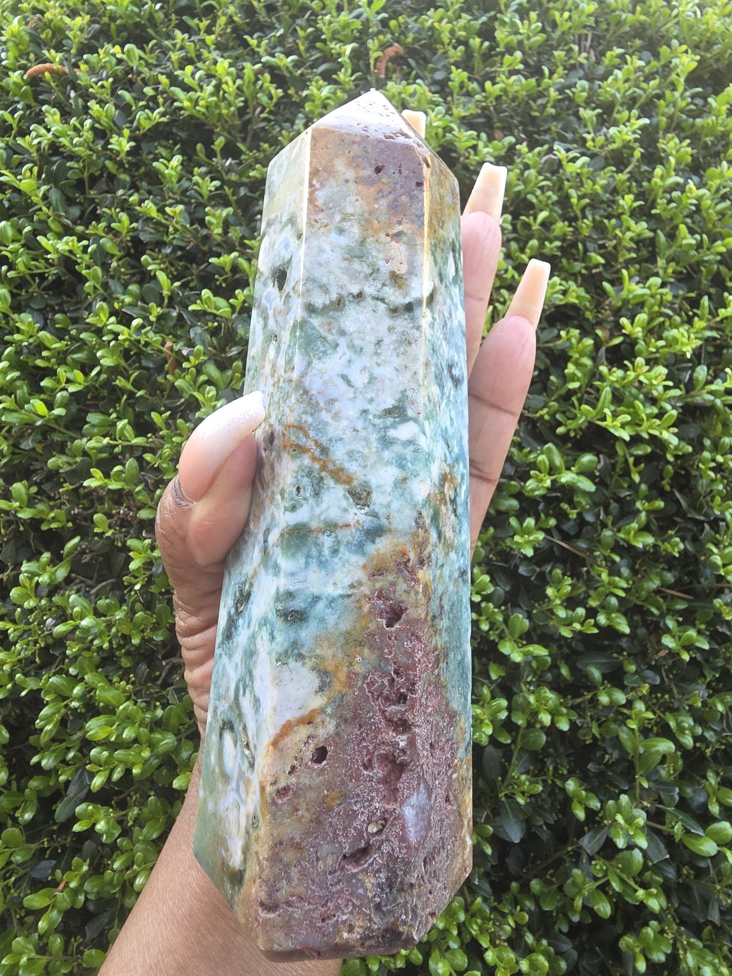 Ocean Jasper Tower, Polished Green Orbicular Crystal Point, Healing Stone Decor