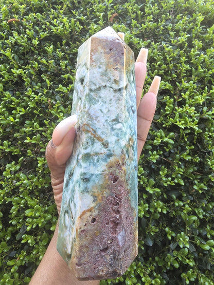 Ocean Jasper Tower, Polished Green Orbicular Crystal Point, Healing Stone Decor